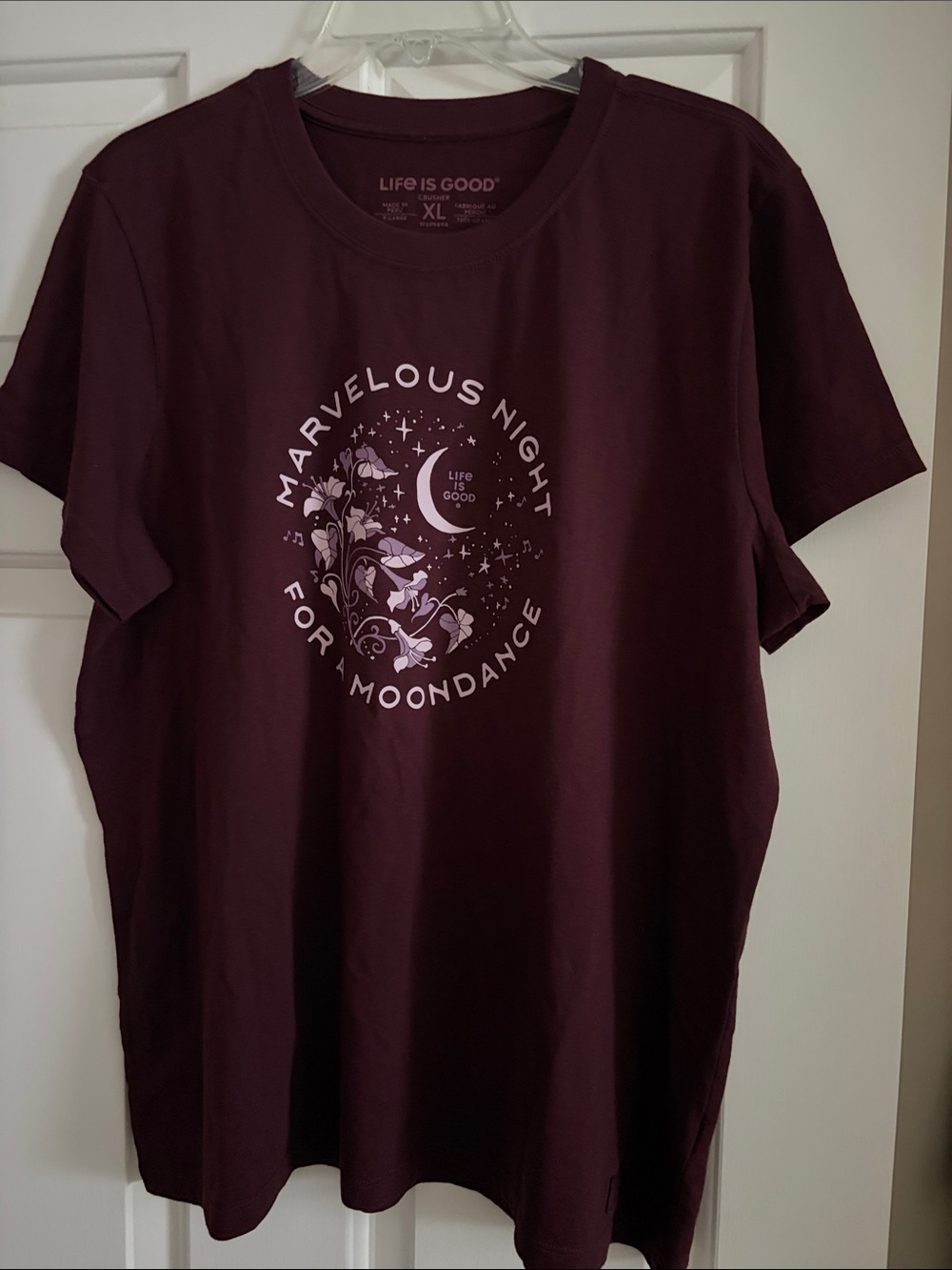 Life Is Good Deep Wine Graphic Tee - Moon & Floral Design
